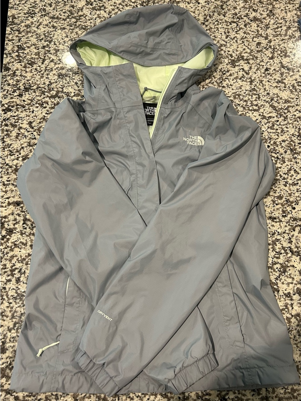 The North Face Women's Light Gray Hooded Rain Jacket with Pale Lime Lining